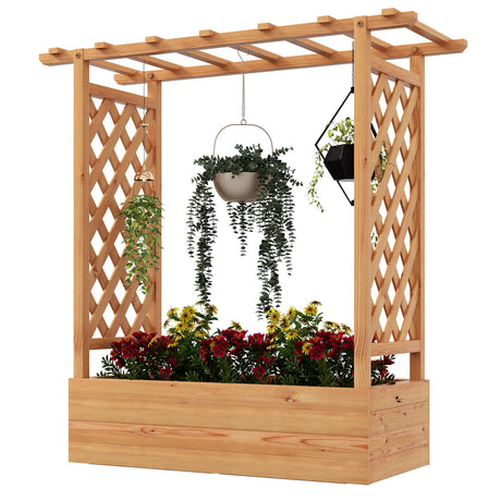 HAPPYGRILL Raised Garden Bed with Trellis, Freestanding Garden Planter Box with Side & Top Trellis, Drainage Holes, Wooden Planter Raised Bed for Vine Climbing Plants, Vegetables, Flowers, Herbs HAPPYGRILL