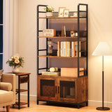 GarveeHome Bookshelf with Doors Industrial Bookcase with 4 Tiers Open Storage Shelf 70.87 in Tall Bookshelves Rustic Display Rack Cabinet for Bedroom, Living Room, Home Office, Brown GarveeHome