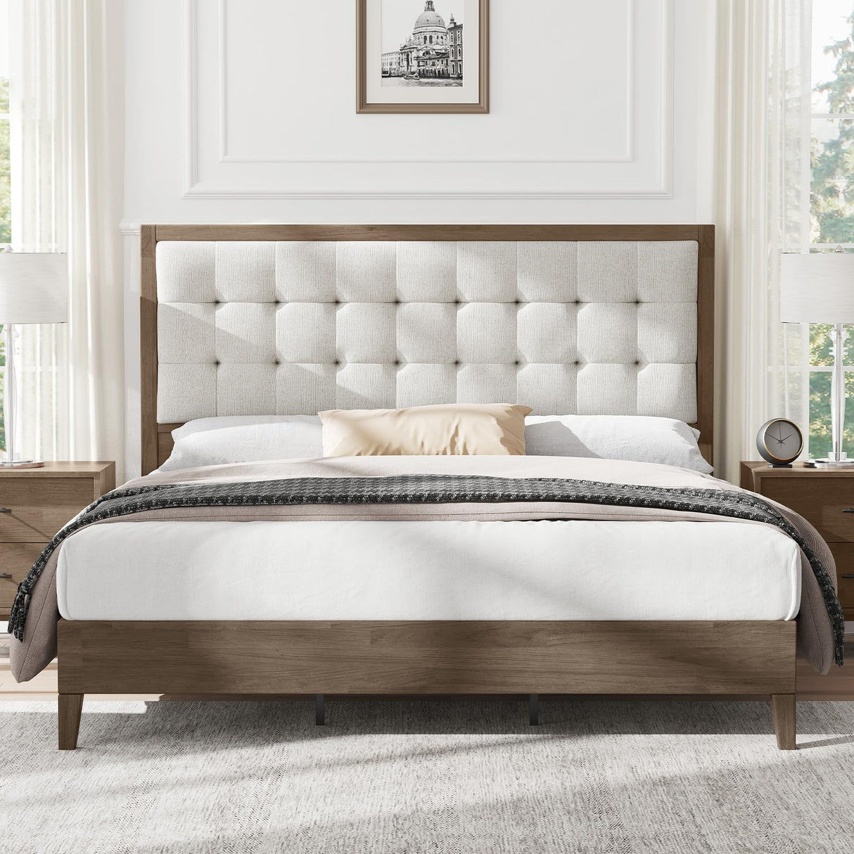 AMERLIFE King Size Solid Wood Bed Frame with Tall Tufted Headboard, Mid-Century Style, No Box Spring Required, Easy Assembly, Ash Gray AMERLIFE