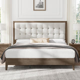AMERLIFE King Size Solid Wood Bed Frame with Tall Tufted Headboard, Mid-Century Style, No Box Spring Required, Easy Assembly, Ash Gray AMERLIFE