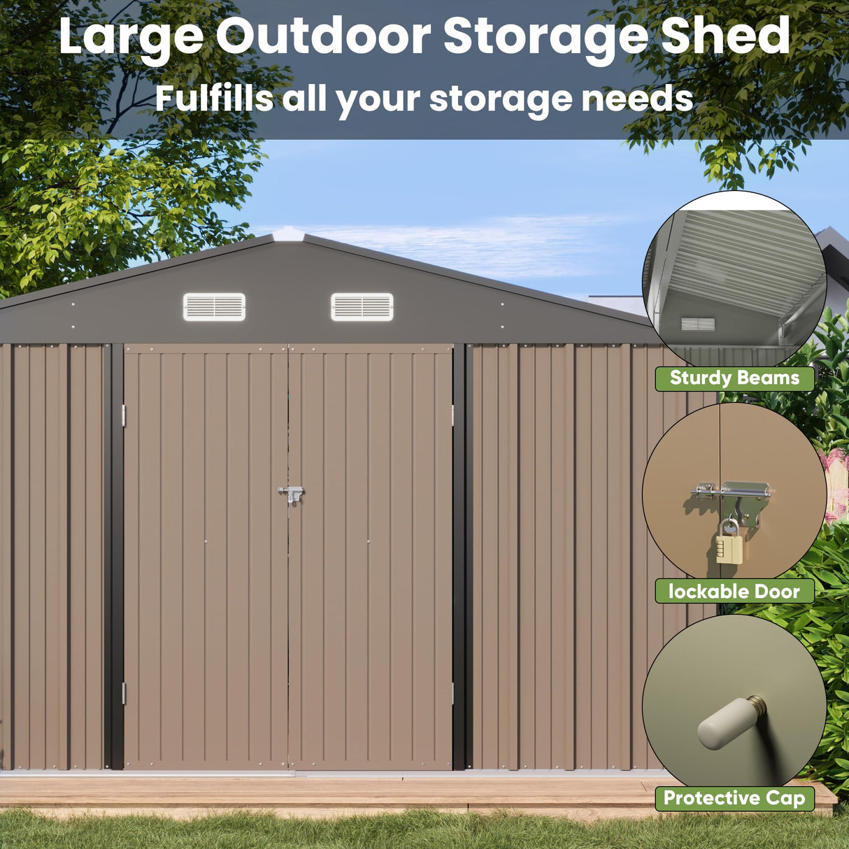 Patiowell 10 x 10 FT Outdoor Storage Shed,Metal Yard Shed with Design of Lockable Doors, Utility and Tool Storage for Garden, Patio, Backyard, Outside use,Brown Patiowell
