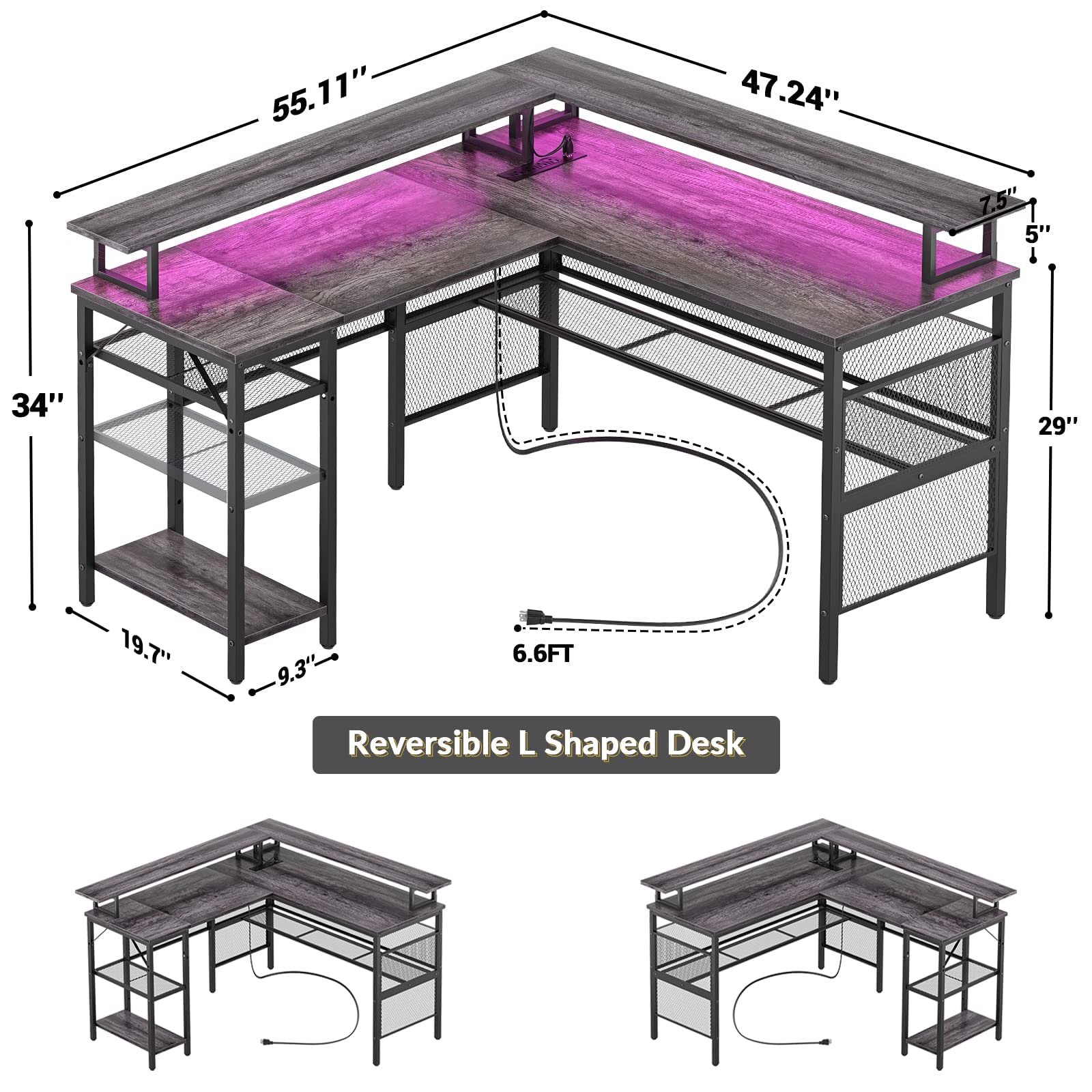 Unikito Reversible L-Shaped Computer Desk with Power Outlets, LED Lights and Storage Solutions in Black Oak - WoodArtSupply