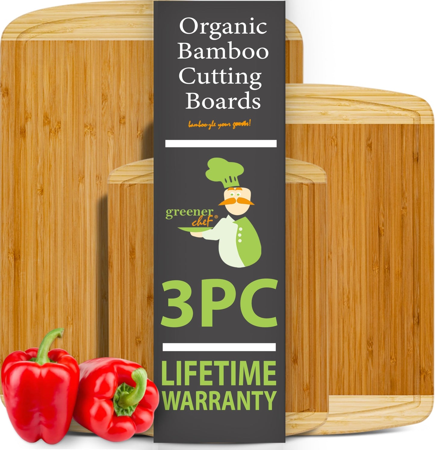 GREENER CHEF Organic Bamboo Cutting Board Set of 3 with Lifetime Replacements - Wood Cutting Board Set with Juice Groove - Wooden Chopping Board Set