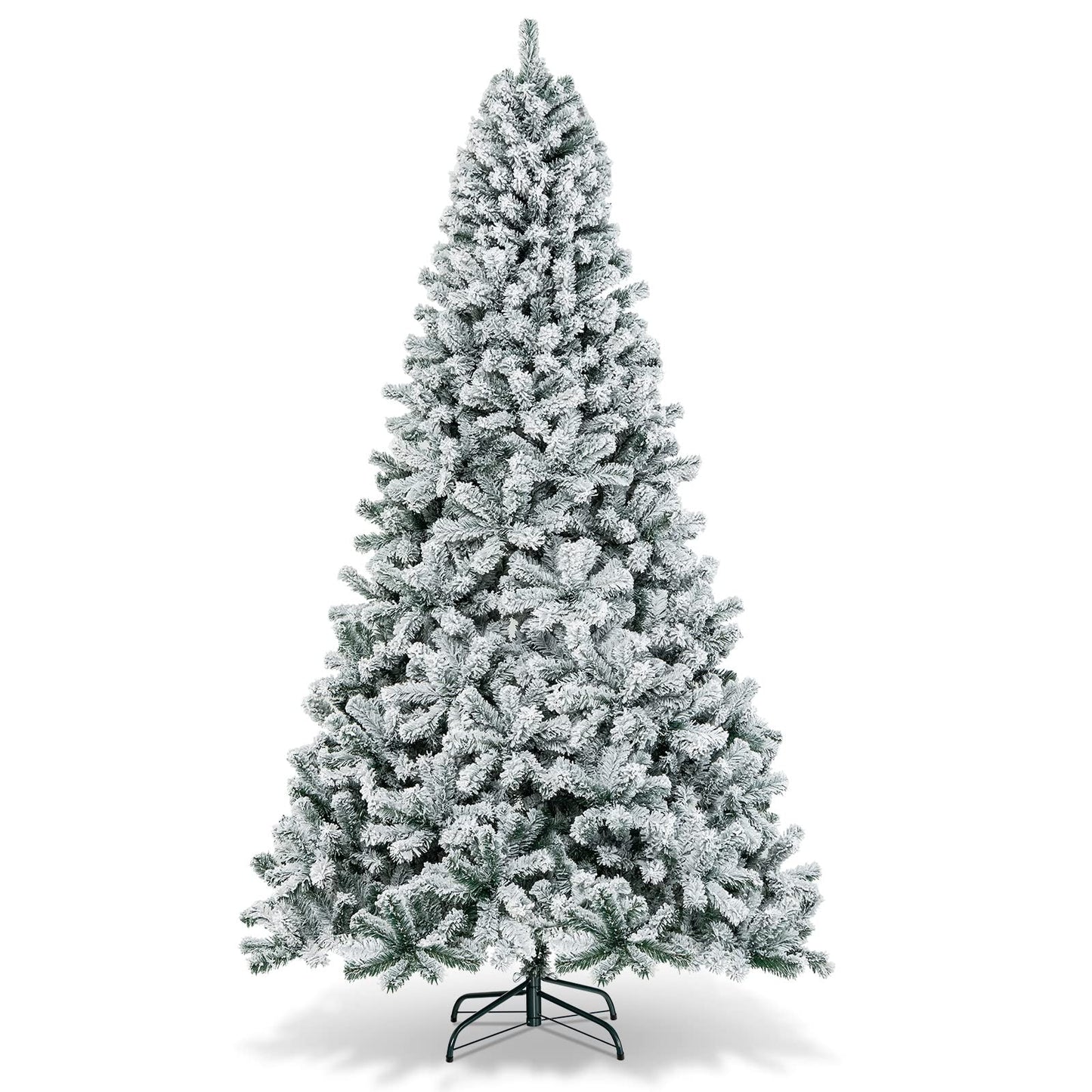 Goplus 9FT Artificial Christmas Tree, Snow Flocked Hinged Pine Tree, Premium PVC Needles/Solid Metal Stand, Xmas Full Tree for Indoor and Outdoor