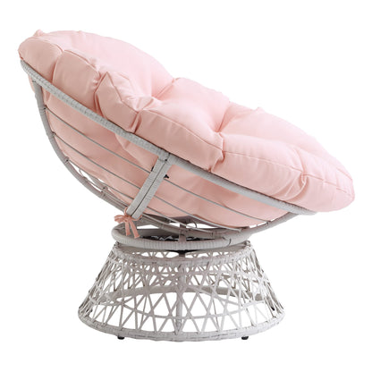 OSP Home Furnishings Wicker Papasan Chair with 360-Degree Swivel, Cream Frame with Pink Cushion