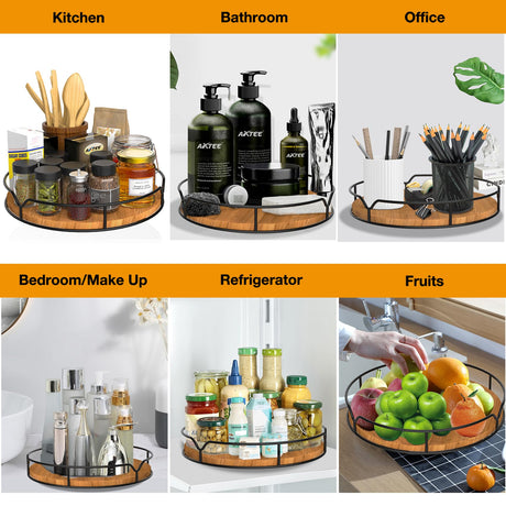 Lazy Susan Turntable Organizer for Cabinet Pantry Kitchen Countertop Refrigerator Cupboard, Pine Wood, 9", Carbonized Black AXTEE