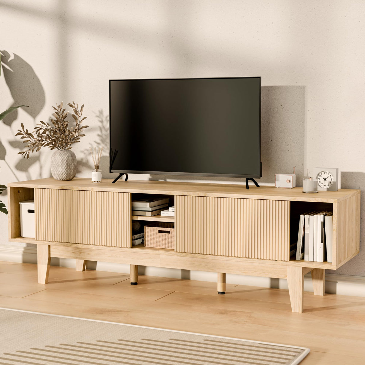 EDWINENE TV Stands for 55 60 65 inch TV, Oak Fluted TV Stand for Living Room Bedroom, Mid Century Modern TV Console Tables, Entertainment Center with Storage Cabinet, Sliding Doors and Open Shelves EDWINENE