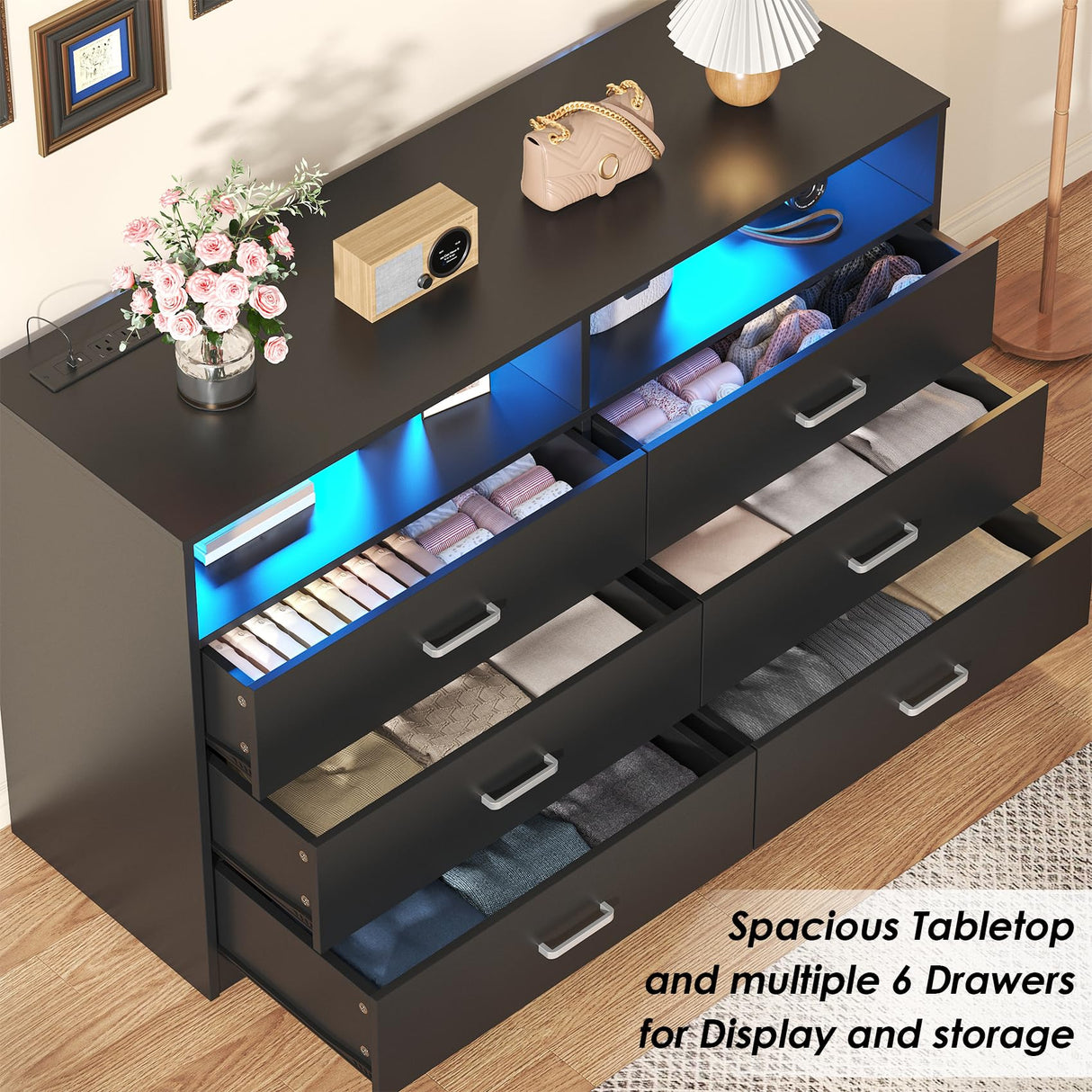 Bigbiglife Dresser for Bedroom, 6 Drawer Dresser with Charging Station and Led Light, Modern Chest of Drawers for Bedroom, Living Room,Black Bigbiglife