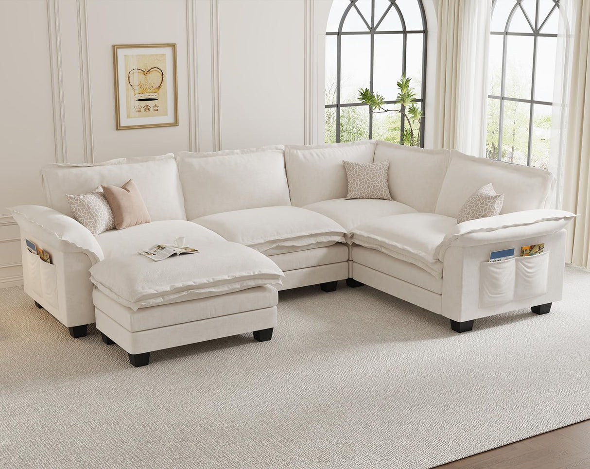 KKL J-Shaped Modular Sectional Sofa, 5 Seater Cloud Couch with Ottoman, Chenille Sectional Couches for Living Room, Apartment, Beige KKL