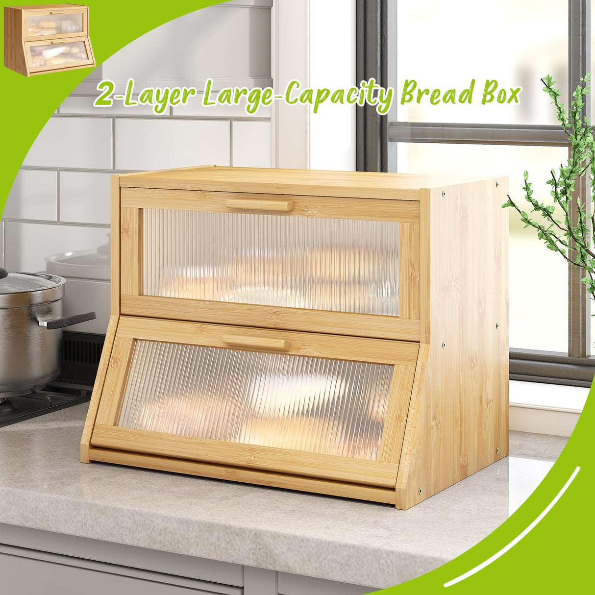 Large Bread Box Double Layer Bamboo Bread Box for Kitchen Counter Container Farmhouse Bread Box Bread Holder Capacity Bread Storage Bin(Natural) BMOSU