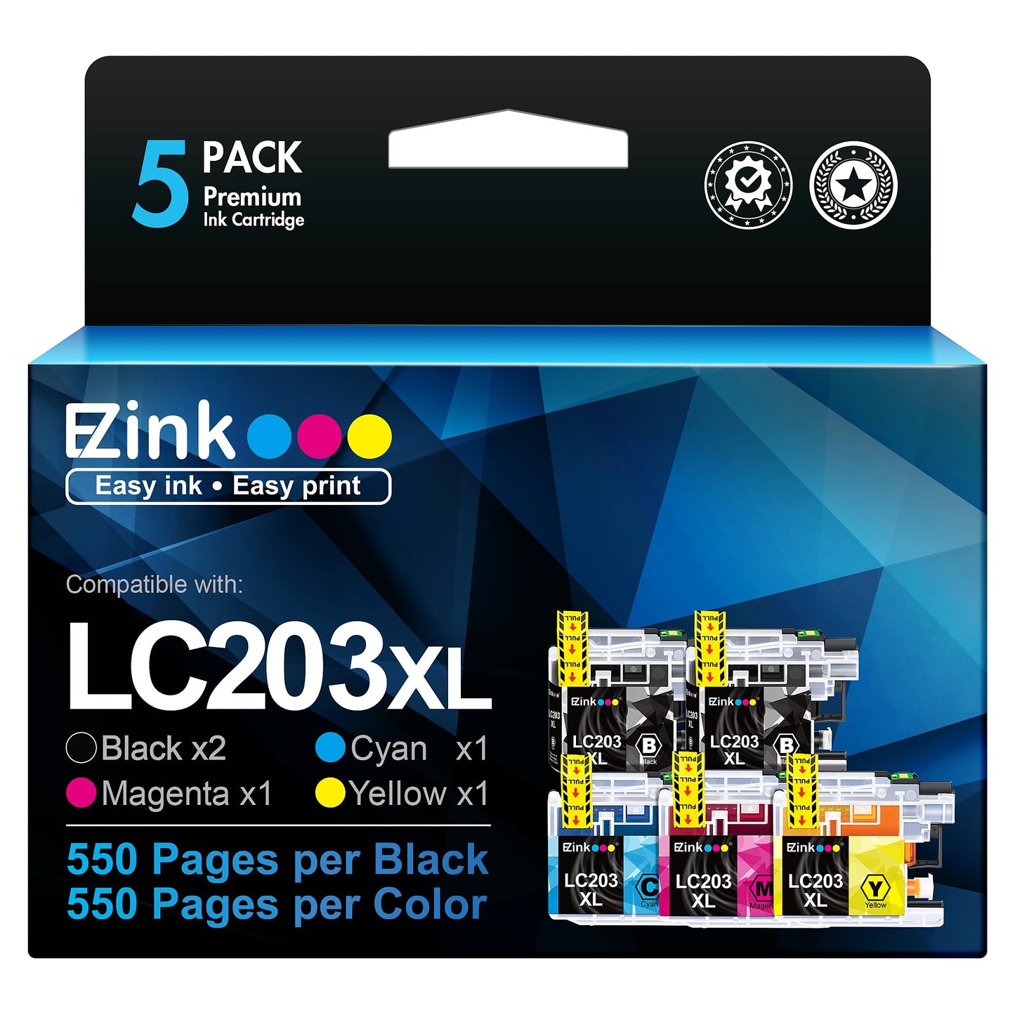 E-Z Ink LC203XL Compatible Ink Cartridges Replacement for Brother LC203 XL LC201 to use with MFC-J480DW MFC-J880DW MFC-J4420DW MFC-J680DW MFC-J885DW (Black, Cyan, Magenta, Yellow, 5 Pack)