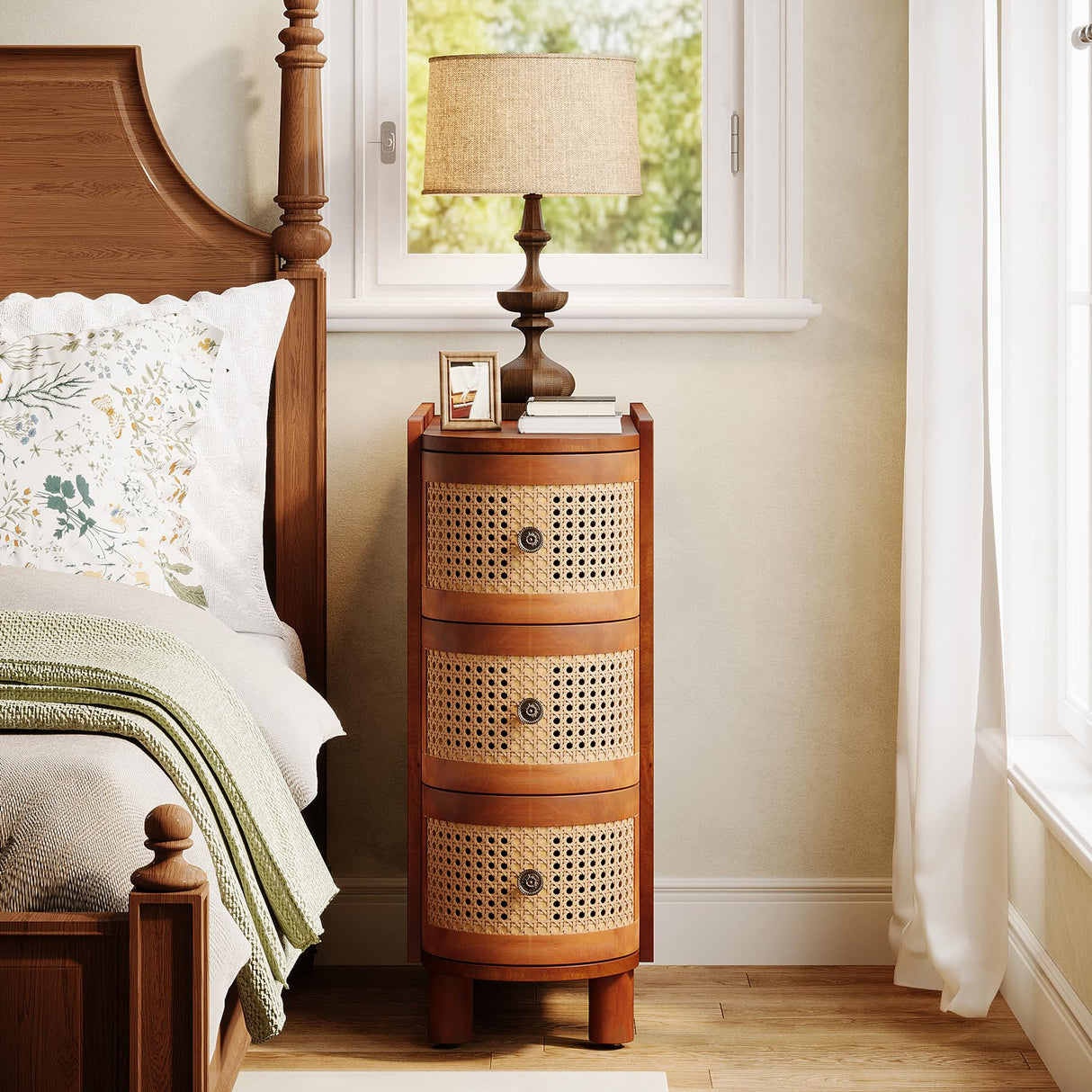 Tribesigns 3-Drawer Rattan End Table, Solid Wood Sofa Side Table with Vintage Embossed Handles, Slim Nightstand for Living Room, Bedroom, Finished Back, No Assembly (Walnut & Oak, 1 PC) Tribesigns