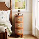 Tribesigns 3-Drawer Rattan End Table, Solid Wood Sofa Side Table with Vintage Embossed Handles, Slim Nightstand for Living Room, Bedroom, Finished Back, No Assembly (Walnut & Oak, 1 PC) Tribesigns