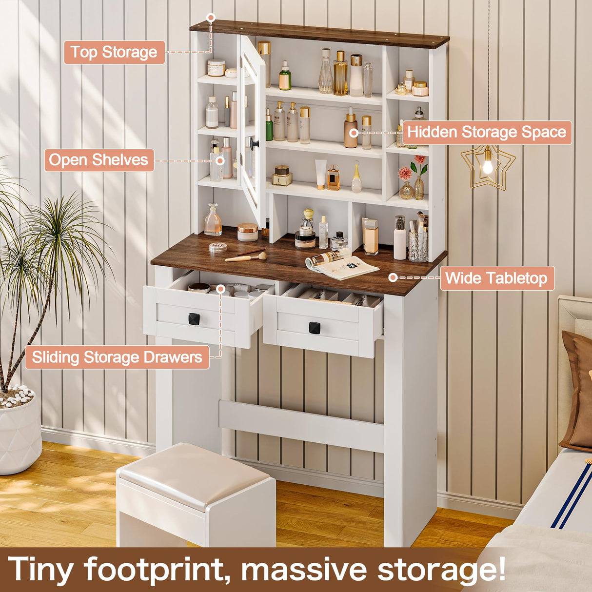 SANYOAC Farmhouse Vanity Desk with Mirror and Lights, Makeup Vanity Desk for Women Girls SANYOAC