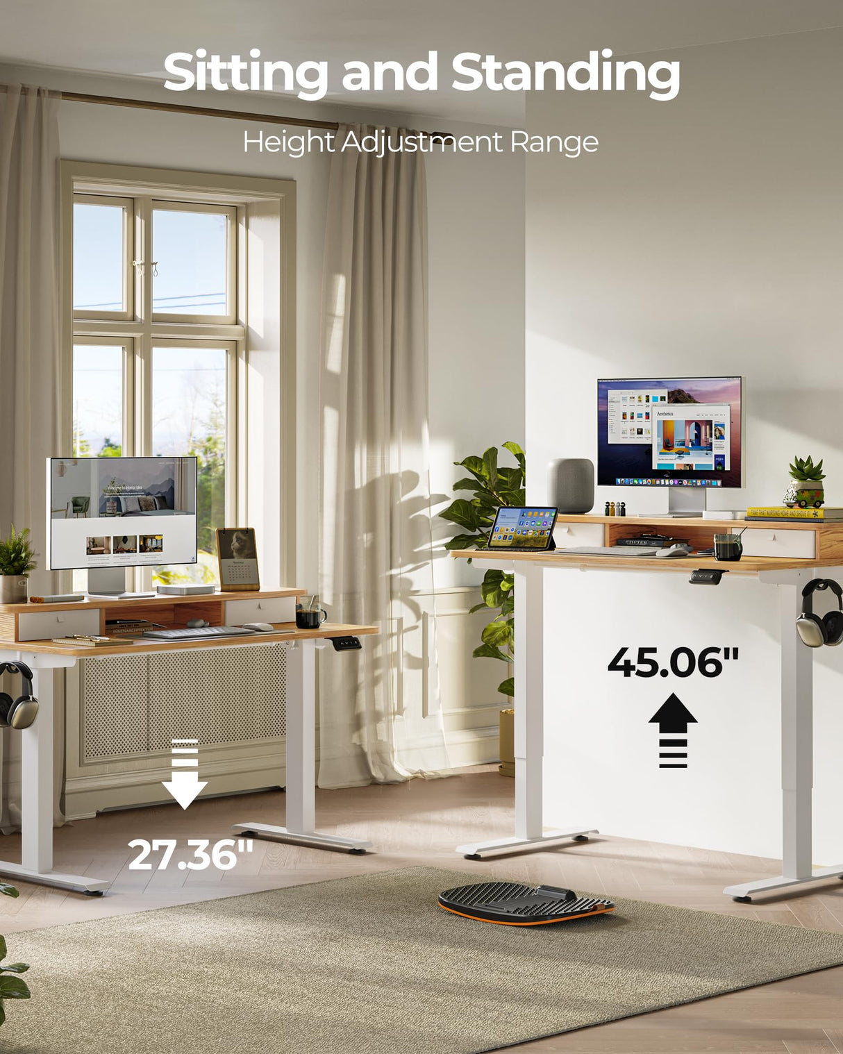 FEZIBO 55 x 24 Inch Height Adjustable Electric Standing Desk with Double Drawer, Stand Up Desk with Storage Shelf, Light Rustic FEZIBO