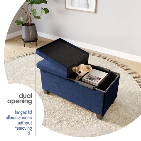 STORAGEBUD Storage Ottoman Bench with Bins, 30-in Storage Bench for Bedroom End of Bed, Folding Foot Rest Ottoman for Living Room Max 660lbs, Velvet Ottomans, Blue STORAGEBUD