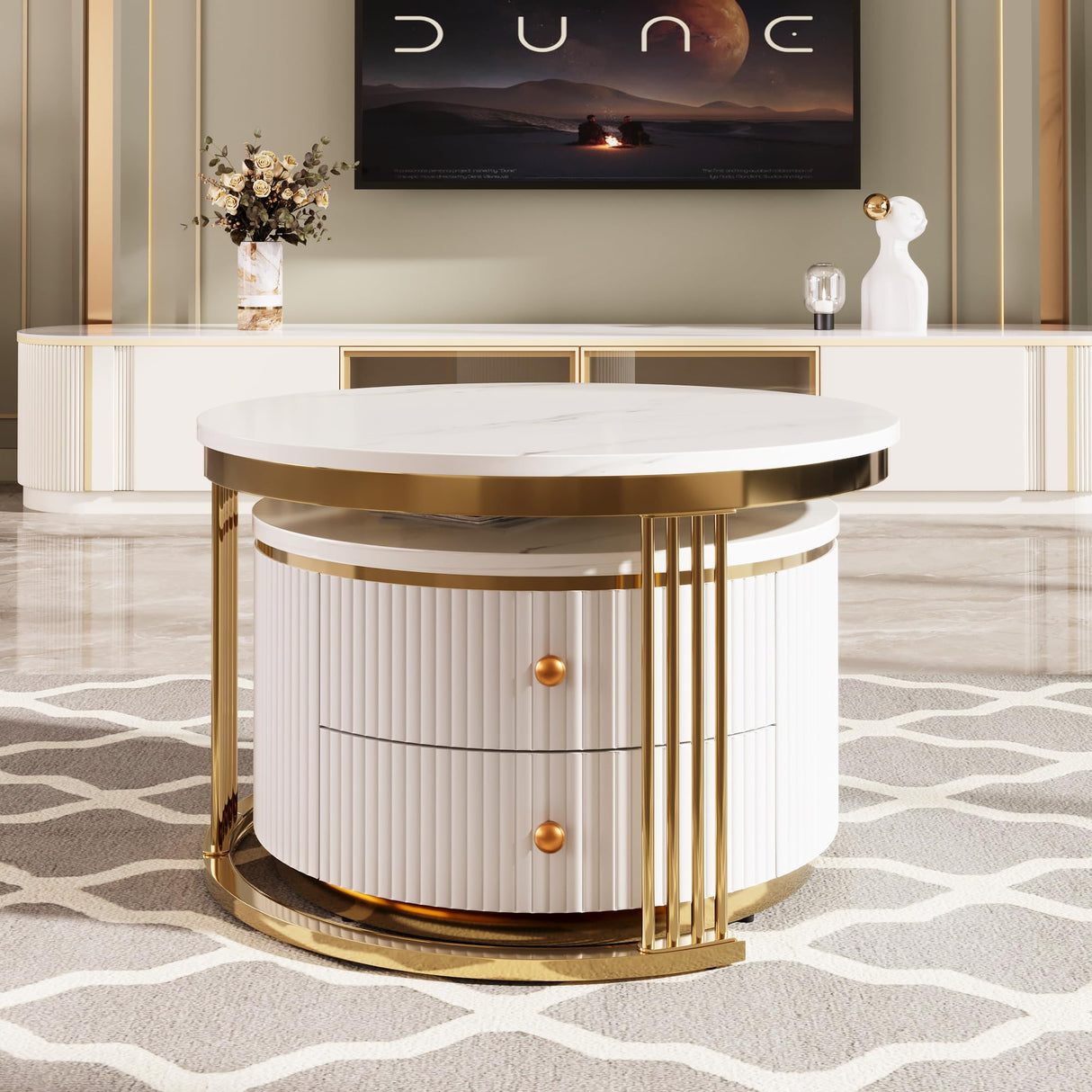 27.6'' Modern 2 Pieces Round Nesting Coffee Table with Drawers, Gold+White Merax