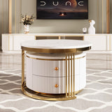 27.6'' Modern 2 Pieces Round Nesting Coffee Table with Drawers, Gold+White Merax