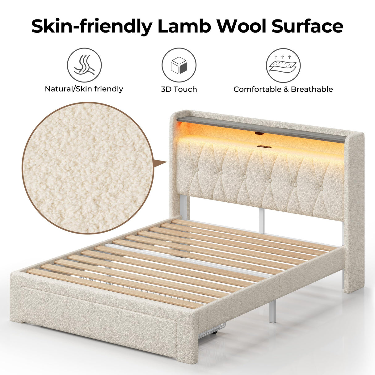 Rolanstar Twin Bed Frame with Drawer, Storage Headboard with Charging Station and LED Lights, Upholstered Bed with Heavy Duty Wood Slats, No Box Spring Needed, Noise Free, Easy Assembly, Beige Rolanstar