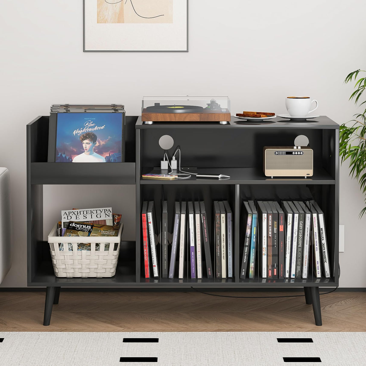 Record Player Stand with Charging Station & USB Ports, Mid-Century Turntable Stand Table Holds Up to 300 Albums, Vinyl Record Storage Cabinet with Wood Legs for Living Room Office (Black) Oubayajia