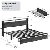 LIKIMIO King Bed Frame with Storage Headboard, Platform Bed with Drawers and Charging Station, No Box Spring Needed, Easy Assembly, Charcoal Grey LIKIMIO