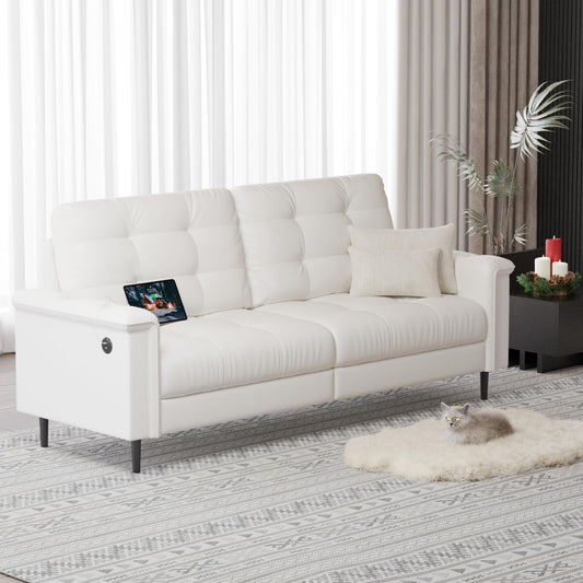 TYBOATLE 85" W White Faux Leather Sofa Couches for Living Room, Mid-Century Modern Tufted Comfy Small Loveseat w/USB and Wide Arms, 2/3 Seater Office Couch for Small Space Apartment Bedroom Furniture