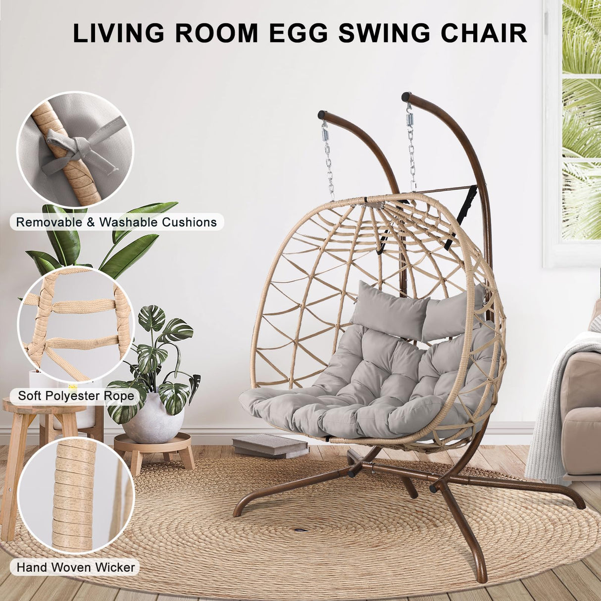 NOBLEMOOD Outdoor Egg Swing Chair with Stand, 2 Person Patio Swing Chairs with Thick Cushions and Pillows, Wicker Double Egg Chair Swing for Indoor Bedroom NOBLEMOOD