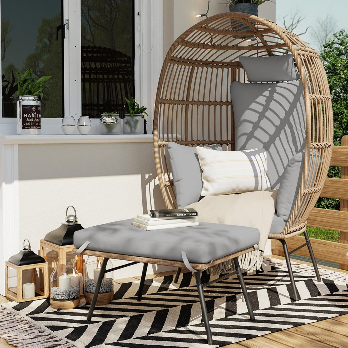 GarveeLife Oversize Wicker Egg Chair with Ottoman, Egg Shaped Lounge Chair with Thick Cushion, Comfy Egg Rattan Seat for Indoor Outdoor Patio Porch Backyard, Grey GarveeLife