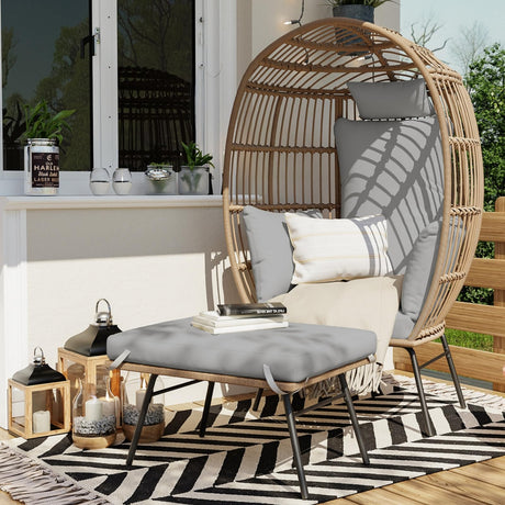 GarveeLife Oversize Wicker Egg Chair with Ottoman, Egg Shaped Lounge Chair with Thick Cushion, Comfy Egg Rattan Seat for Indoor Outdoor Patio Porch Backyard, Grey GarveeLife