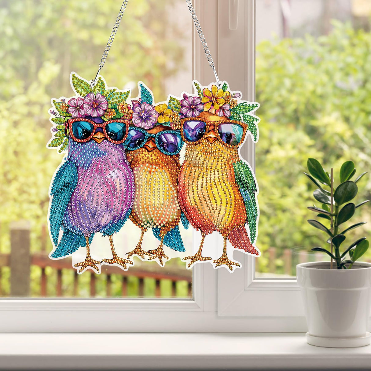 HEIBAGO Birds Hanging Diamond Art Kits for Adults, Fall Special Shaped Crystal Diamond Painting Ornament Kit, DIY Double-Sided Pattern Window Pendant Gem Art Kit for Home Wall Decor 8.3x8.3inch HEIBAGO