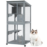 GarveeLife Large 2-Tier Outdoor Cat House, Small Animal Enclosure with 2 Lockable Doors, Catio with Waterproof Cover and Sunshine Panel Roof, Portable Kitty House with Resting Boxes & Fixable Wheels GarveeLife