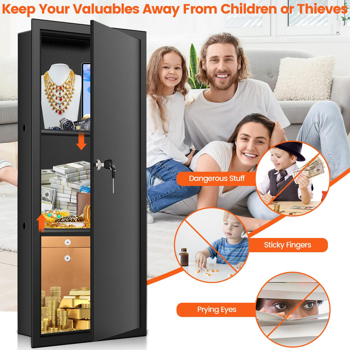 31.5" Tall Wall Safes Between the Studs with 2 Removable Shelf, Lockable Hidden Safe Box with 50 Hooks for Keys Jewellery, in Wall Safe for Money Medicines Valuables GUVELI