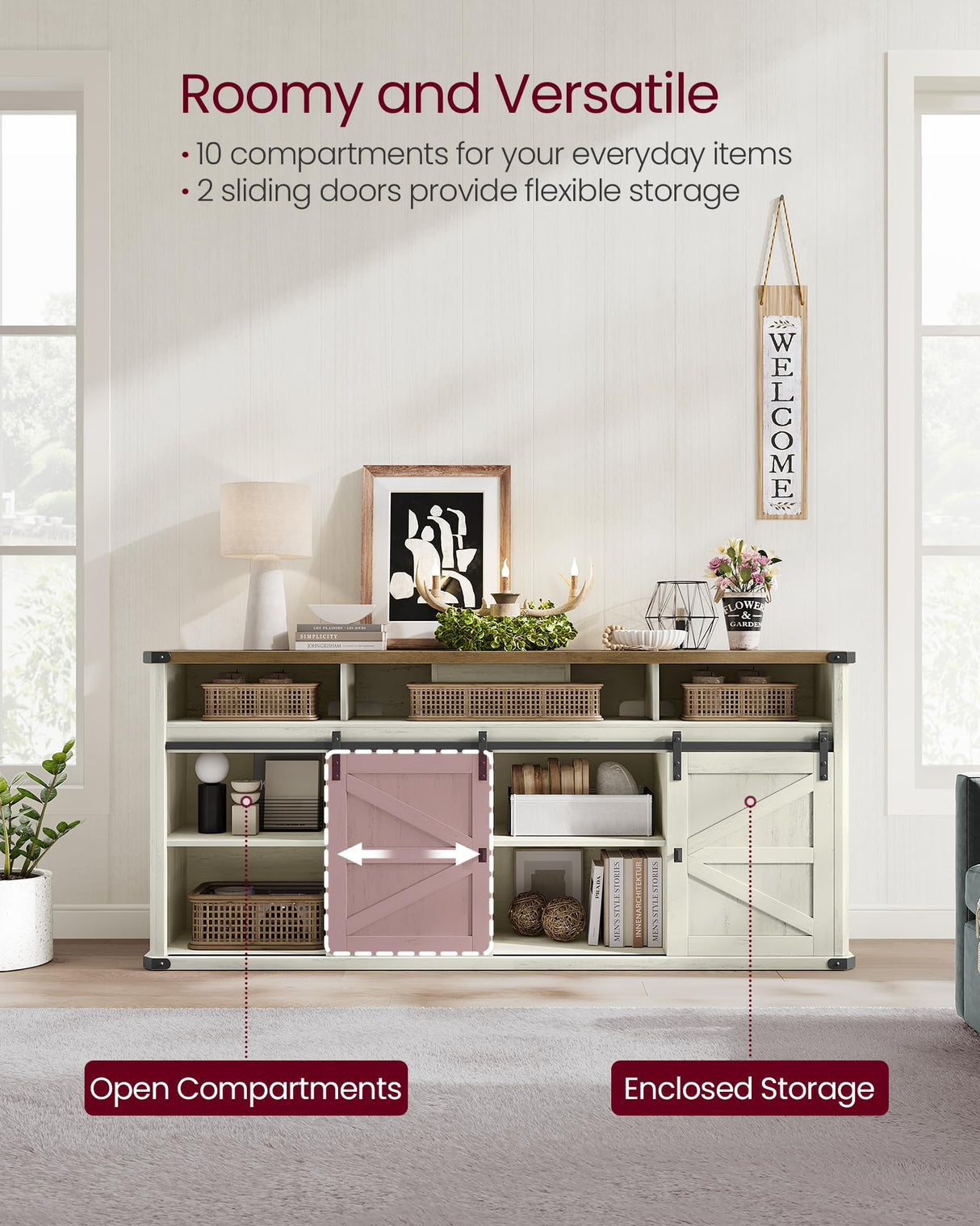 VASAGLE TV Stand for TVs up to 75 Inches, Farmhouse Entertainment Center with Sliding Barn Doors, TV Console Table for Living Room, Rustic White and Honey Brown ULTV323W02 VASAGLE