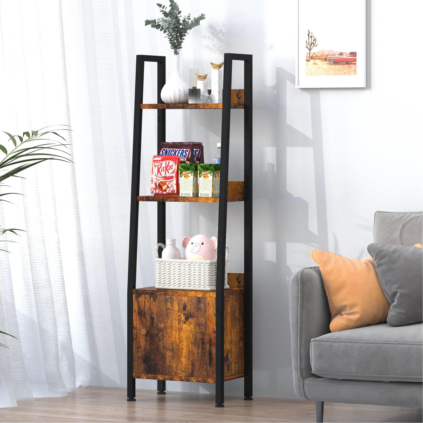 2024 Ladder Shelf, 4-Tier Ladder Bookshelf, Wood Metal Freestanding Storage Shelf, Freestanding Shelf with Drawer for Living Room, Bedroom, Balcony,Vintage