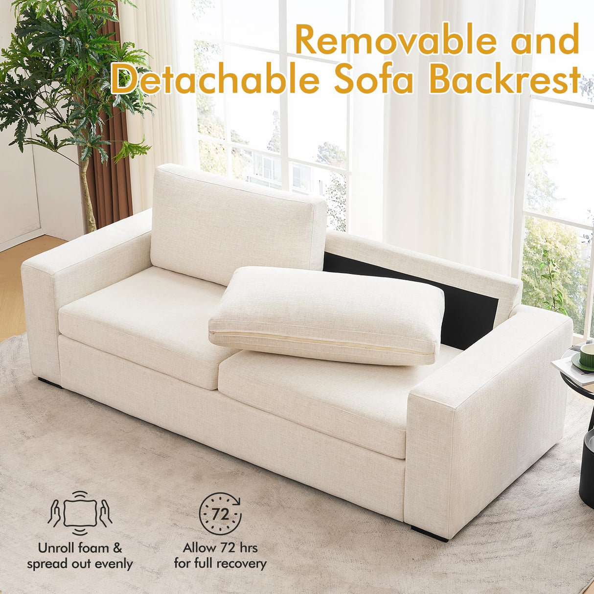 ELUCHANG 85" Modern Sofa Couches for Living Room, 3 Seater Sofa, Natural Linen Deep Seat Sofa with Upholstered Cushion&Detachable Cover, Comfy Sofa Couch for Small Space, Apartment, Cream ELUCHANG