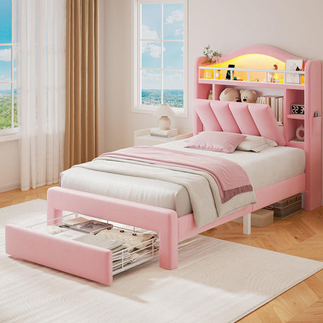 Twin LED Bed Frame with Storage Headboard & 2 Storage Drawers, Princess Velvet Upholstered Bed with Vertical Tufted Headboard Design for Girls, USB & Type-C Charging Ports, Wooden Slats Support, Pink Jocoevol
