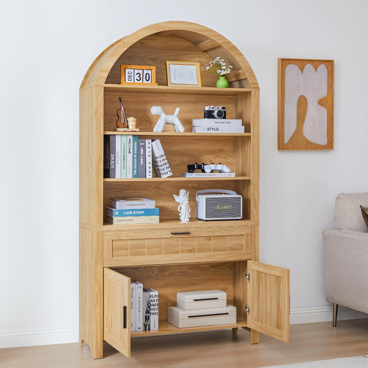 Turtle&Myrtle 73" H Large Arched Bookshelf，5-Tier Arch Bookcase with Doors，Mid Century Modern Book Shelf with Drawers，Wood Bookshelf w/Open Display Shelves for Living Room, Office (Natural) Turtle&Myrtle