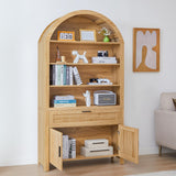 Turtle&Myrtle 73" H Large Arched Bookshelf，5-Tier Arch Bookcase with Doors，Mid Century Modern Book Shelf with Drawers，Wood Bookshelf w/Open Display Shelves for Living Room, Office (Natural) Turtle&Myrtle