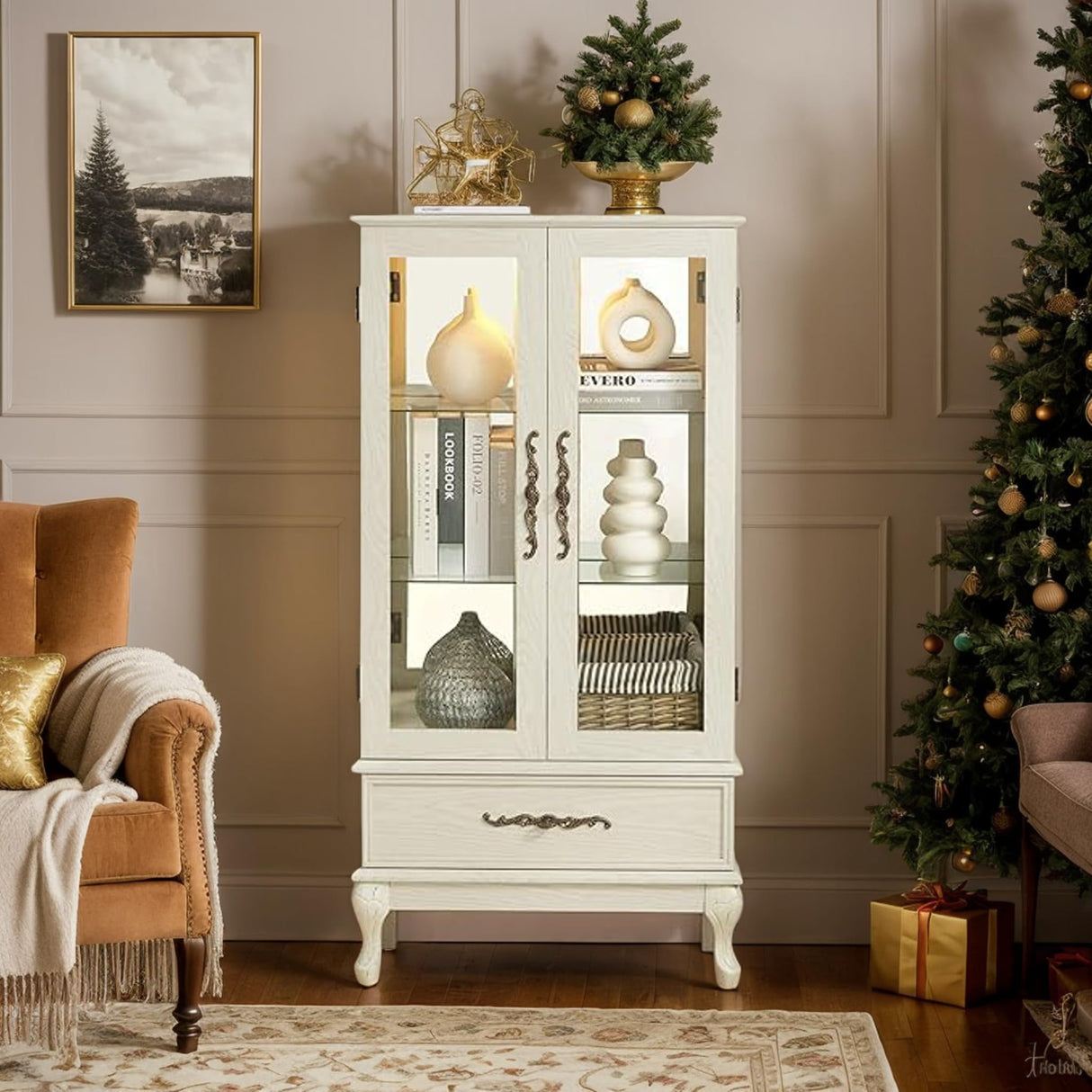 CKEASEAN Curio Cabinet with Tempered Glass Doors, 52" H Glass Display Cabinet with Light Bulb inclued, Curio Storage Cabinet with Mirrored Back Panel and Adjustable Shelves (White) CKEASEAN