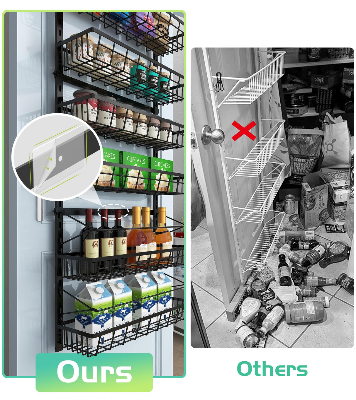 Mefirt Over The Door Pantry Organizer, Pantry Storage and Organization, 6-Tier Adjustable Hanging Baskets, Metal Wall Mount Spice Rack Seasoning Shelves for Home & Kitchen, Laundry Bathroom - Black Mefirt