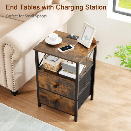 AMHANCIBLE Night Stand Set 2, Nightstand with Charging Station, End Tables Living Room with USB Ports and Outlets, Bedside Tables with Fabric Drawers for Bedroom, Rustic Brown HET05XBR AMHANCIBLE