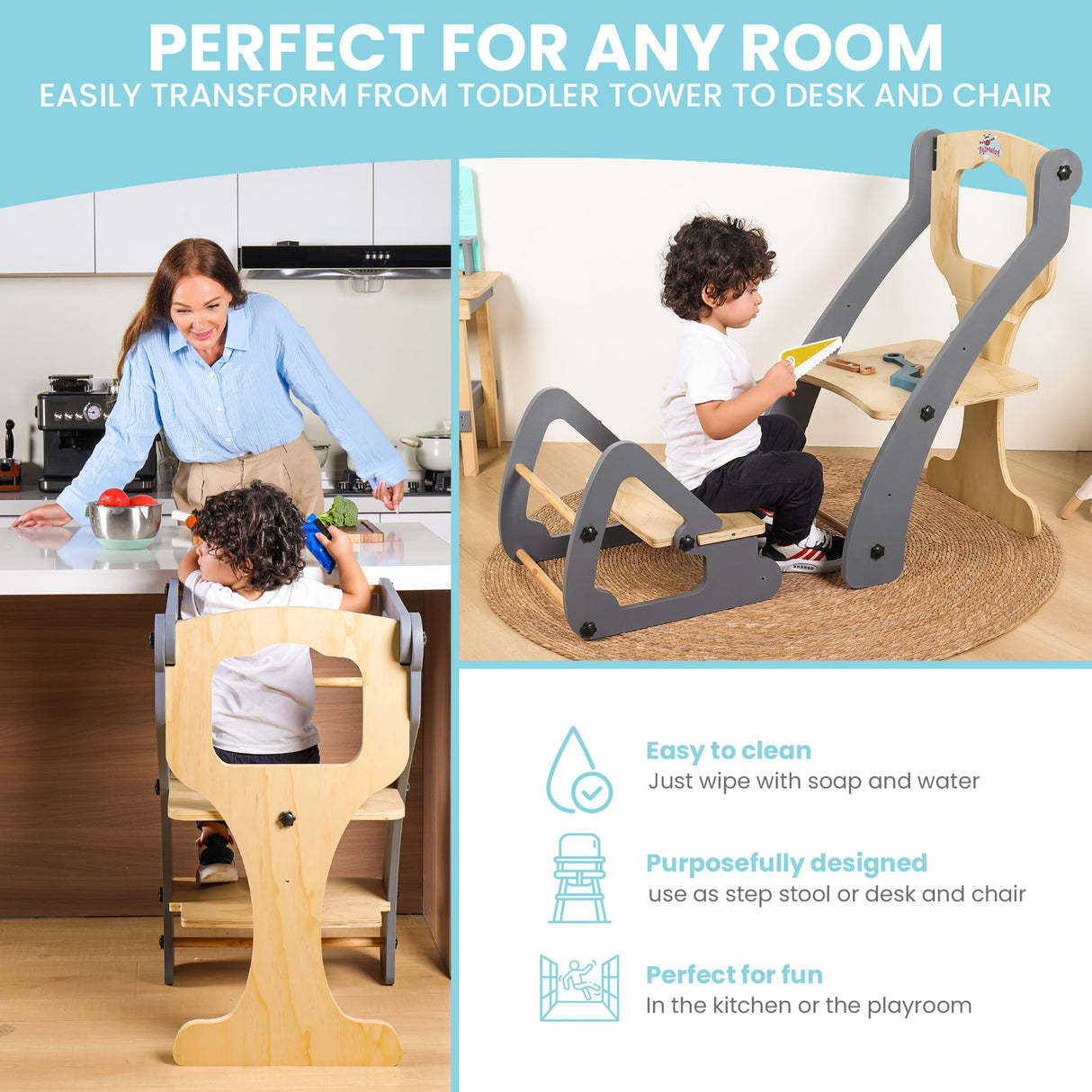 ZYSMALAT Toddler Tower | Kitchen Stool Helper | Montessori Kitchen Step Stool | Toddler Standing Tower | Learning Tower | Adjustable Height | Foldable Tower | Kids Boys Girls | 2025 Design ZYSMALAT