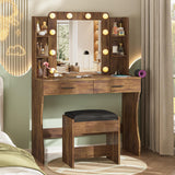 Befrases Vanity Desk with Mirror, LED Lights and Power Outlet, Makeup Vanity with 2 Large Drawers,3 Lighting Modes & Adjustable Brightness, Dressing Desk with Cushioned Stool, Rustic Brown. Befrases