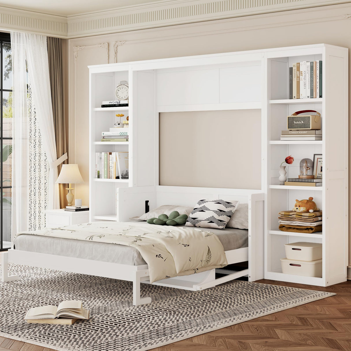 SOFTSEA Full Size Murphy Bed with Desk, Foldable Murphy Bed with Storage Cabinets, Space Saving Pull Down Wall Bed for Small Spaces, Guest Room, Bedroom or Office, White SOFTSEA