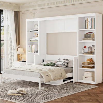 SOFTSEA Full Size Murphy Bed with Desk, Foldable Murphy Bed with Storage Cabinets, Space Saving Pull Down Wall Bed for Small Spaces, Guest Room, Bedroom or Office, White