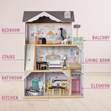 Lil' Jumbl X-Large 3-Story Wooden Dollhouse with Elevator, Balcony & Furniture Set Lil' Jumbl
