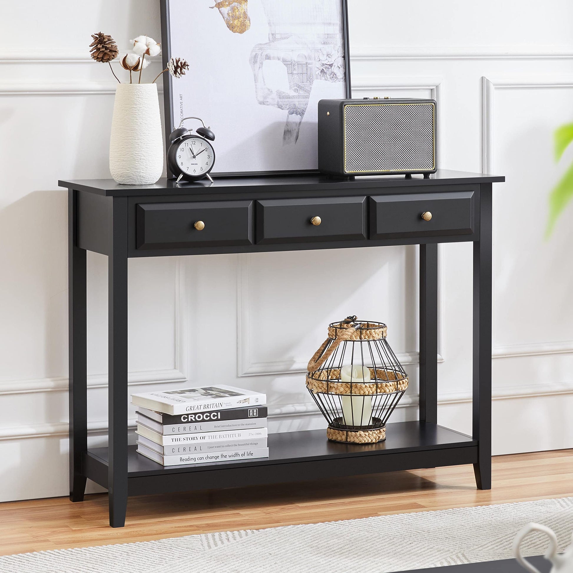 Yaheetech Console Table with 3 Drawers, Wood Entryway Table with Storage Shelf, Sofa Table Narrow Long for Living Room, Entryway, Hallway, Foyer, Black - WoodArtSupply