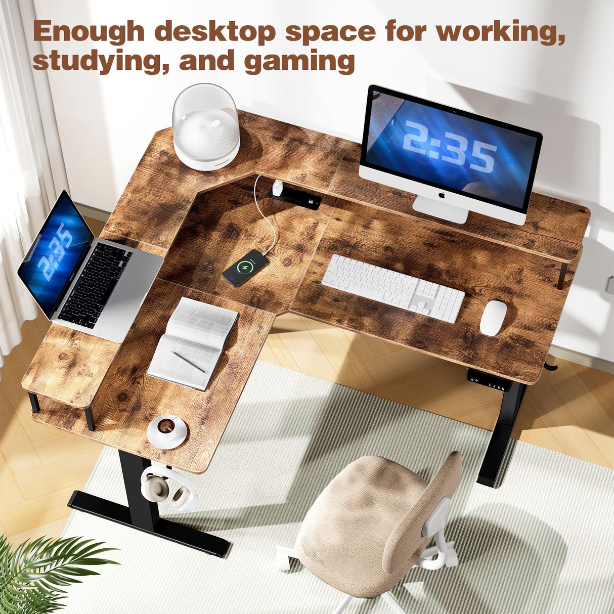 Mr IRONSTONE L Shaped Electric Standing Desk Height Adjustable Sit Stand Desk with LED Light and Power Outlet, 55" Computer Desk with Monitor Riser Mr IRONSTONE