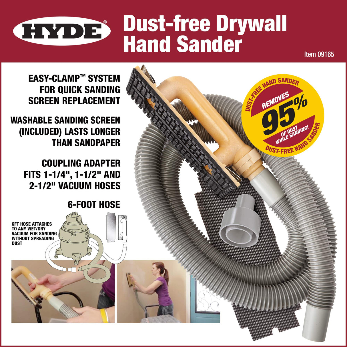 Hyde Tools 09165 Dust-Free Drywall Vacuum Hand Sander with 6-Foot Hose Hyde