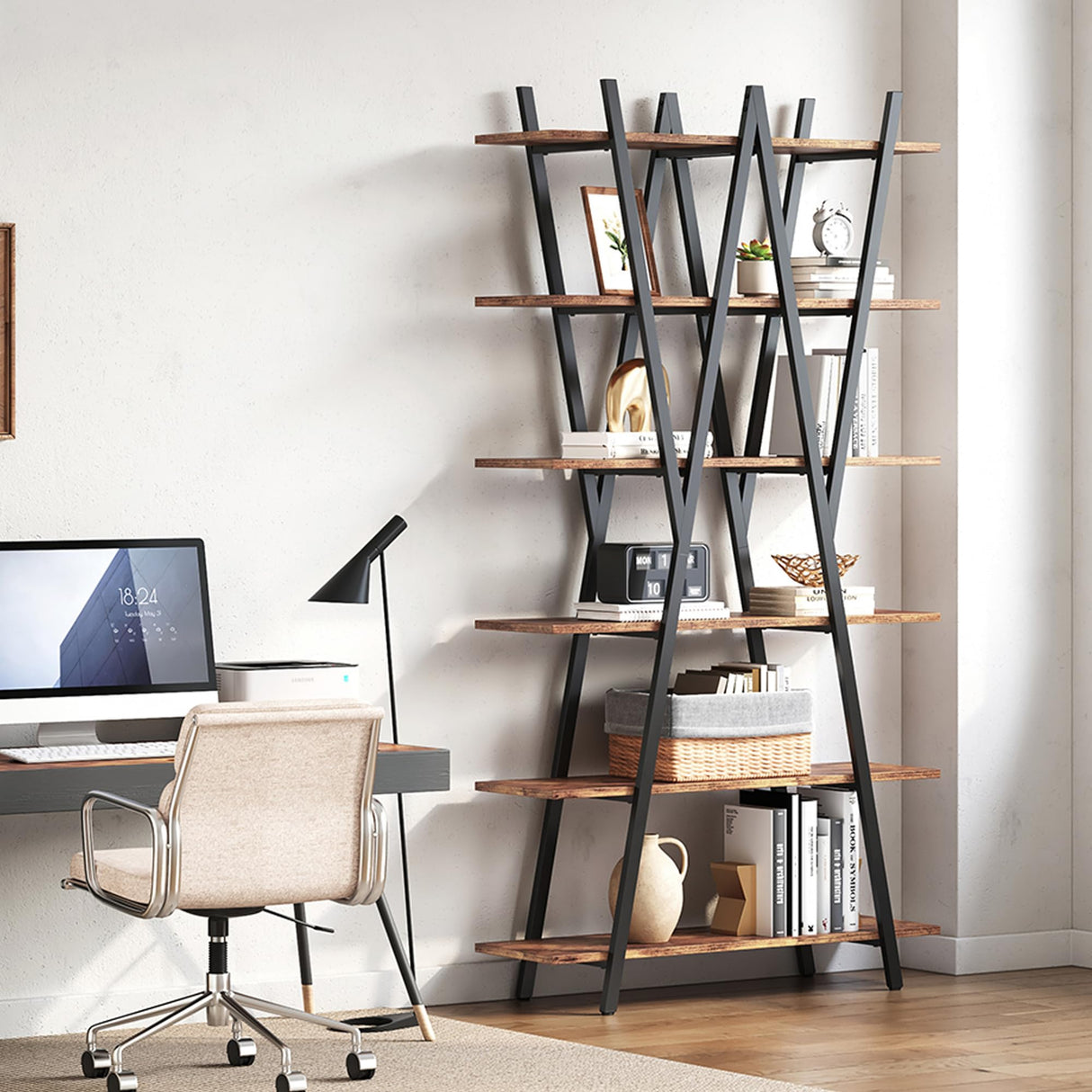 LIKEMET 74 Inch Industrial Tall Bookshelf, 6 Tier Bookshelf, Free Standing Open Book Shelves Storage Display Shelf, Book Shelf for Living Room, Home Office, Rustic Brown LIKEMET